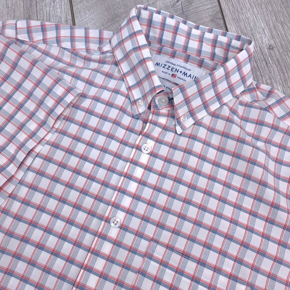 Mizzen + Main Shirt Mens Medium Red Blue Check Performance Short Sleeve Button - Picture 1 of 7